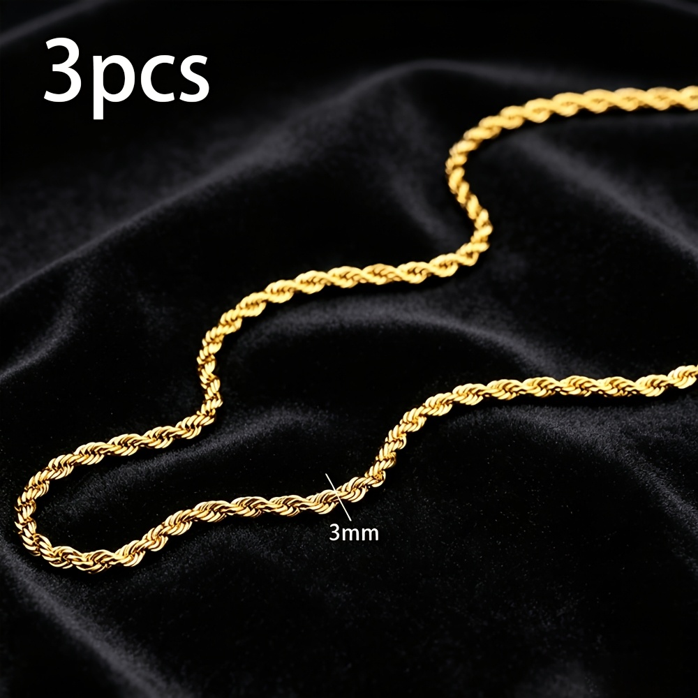 TEMU Conjunto de collar de cadena retorcida chapado en oro de 18K, 3 piezas, joyería estilo bohemio hip-hop de cuerda de acero inoxidable, adecuado