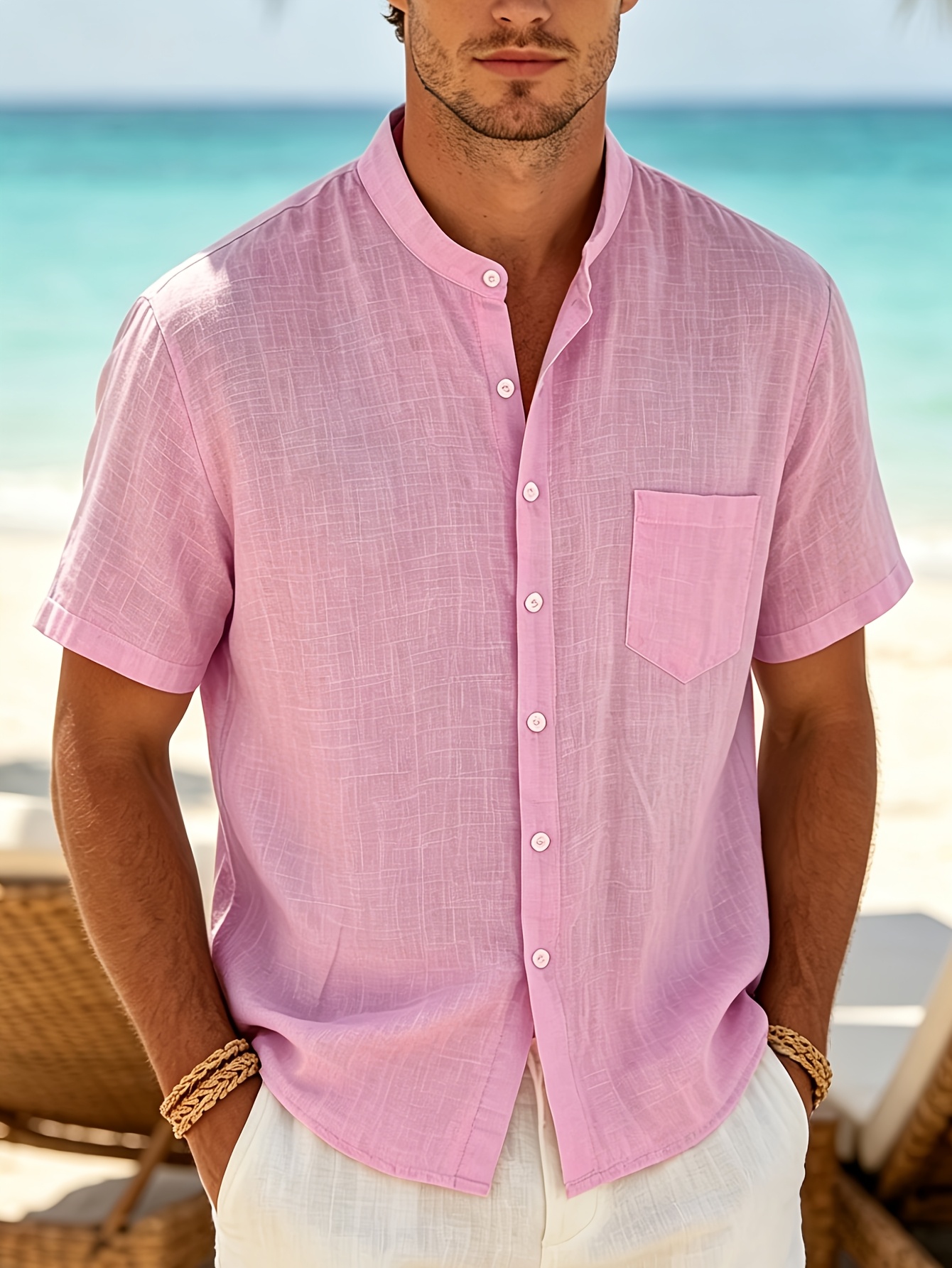 mens casual solid color pure cotton stand up collar button shirt with pockets suitable for   travel vacations home work and daily life   cotton fabric is lightweight breathable and sweat absorbent with   pockets