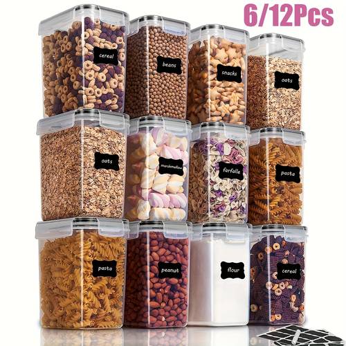6 12 pack 1 6l plastic airtight food storage containers with labels dishwasher safe rectangle cereal flour sugar baking supplies containers manual operation no electricity needed bento boxes