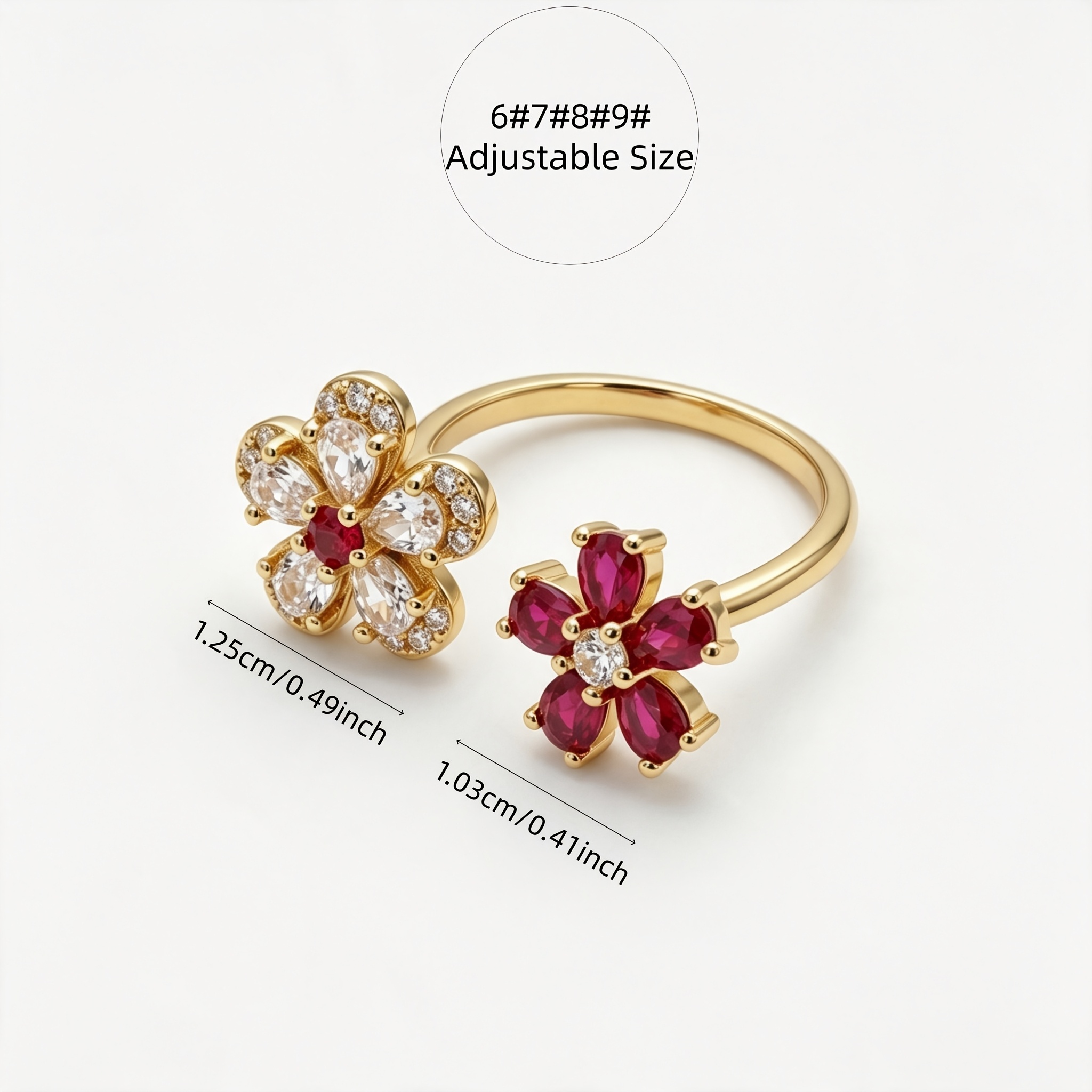 Women's Two-tone Flower CZ Adjustable Open Ring, Elegant Gift