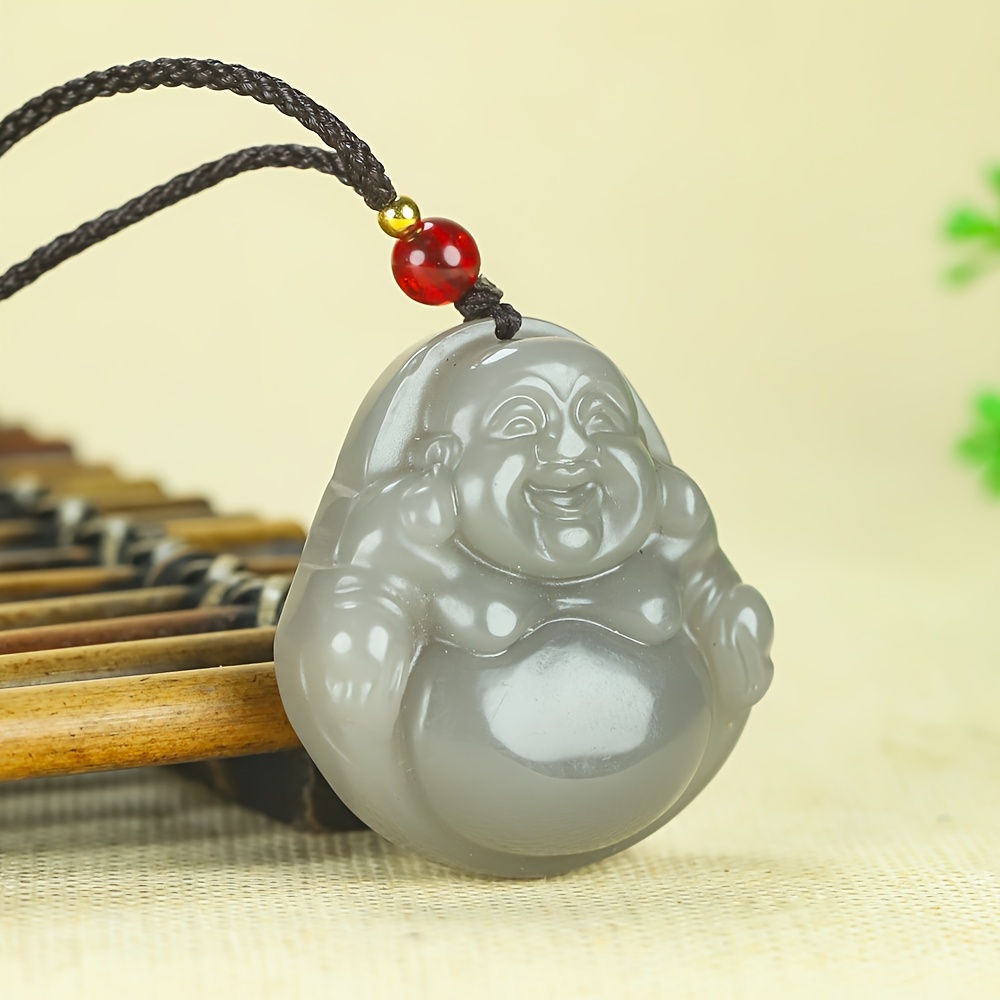 Elegant Natural Stone Character Pendant, Smoky Grey Large Belly Necklace