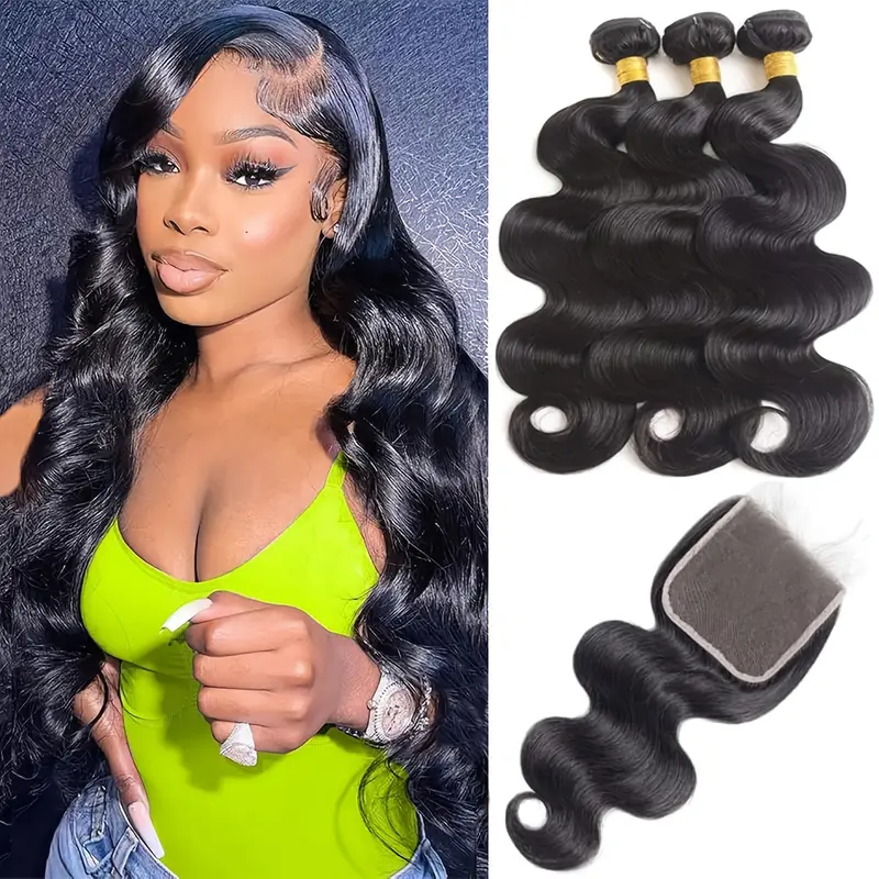 brazilian body wave human hair bundles with lace closure human hair body wave hair bundles with closure 4x4 lace free part natural black hair details 0