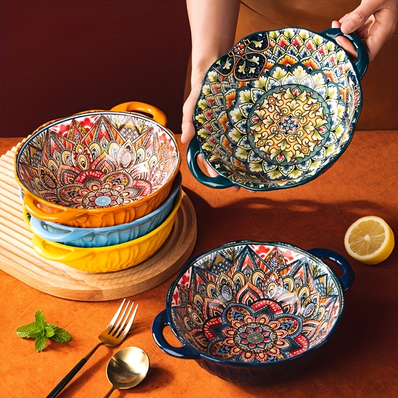 

1pc Bohemian Style Ceramic Bowl, Noodle Salad Hand-painted Underglaze Color Bowl, Double-ear Ceramic Noodle Bowl, For Home Kitchen Restaurant Hotel, Kitchen Supplies, Tableware Accessories, 9.5 Inches