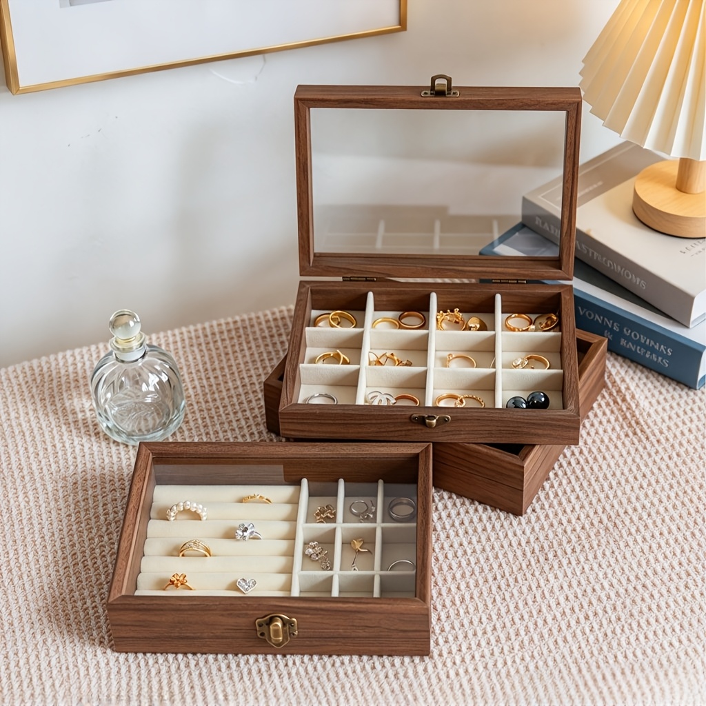 Wooden Ring and Earring Storage Box with Glass Lid