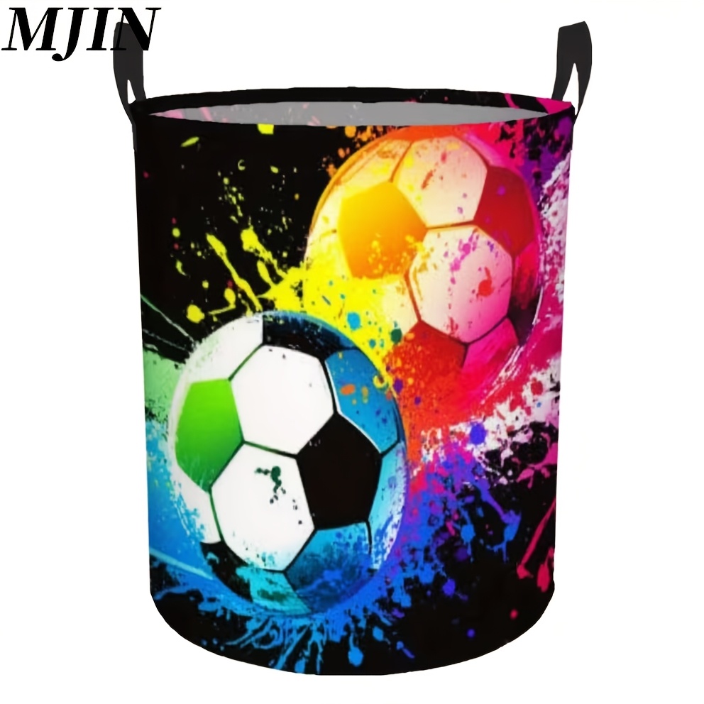 TEMU 1pc Laundry Basket With Colorful Soccer Sports Print, Multi-functional Laundry Basket With Handle, Foldable Household Laundry Basket, Large
