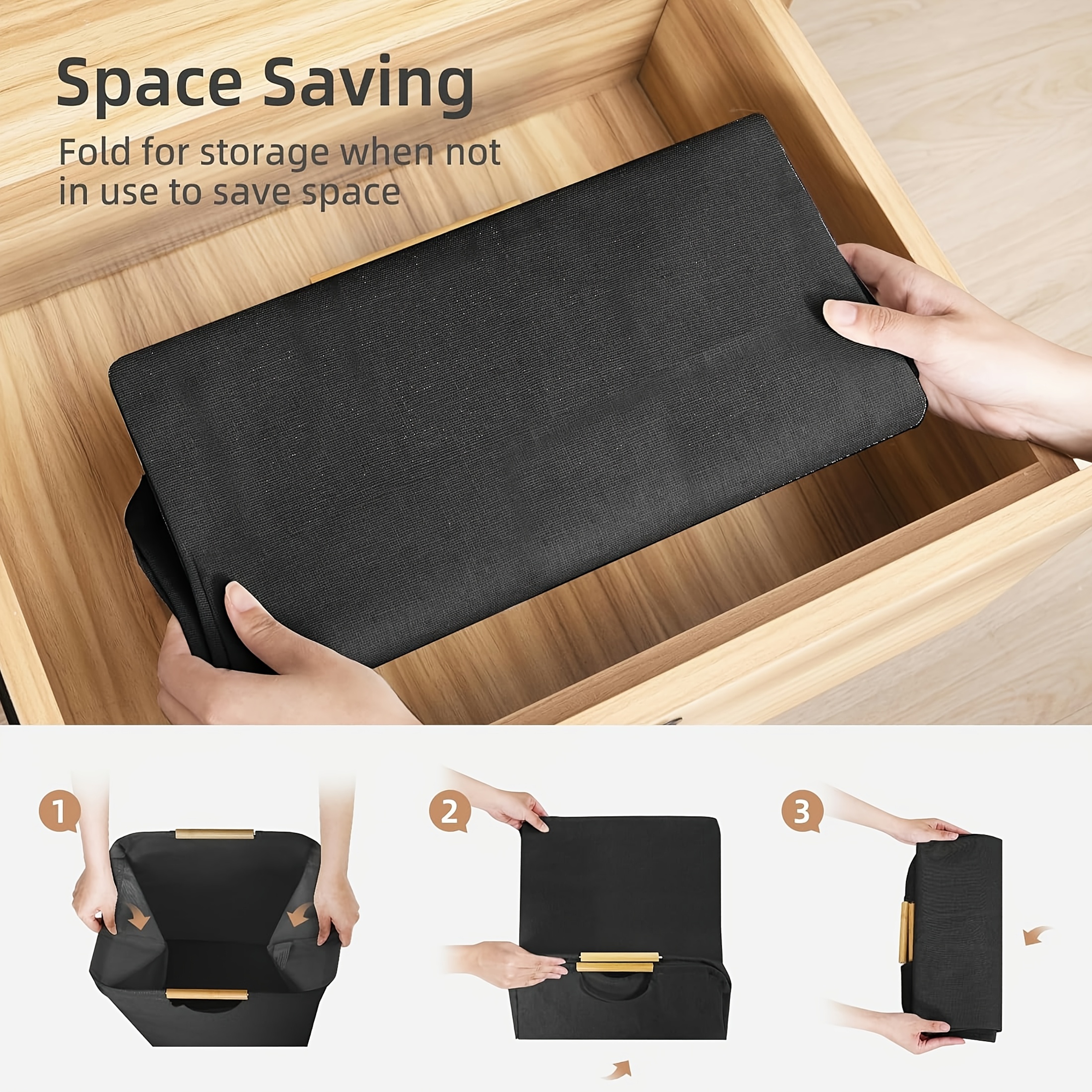 1pc/2pcs 72L Large Capacity Pure Black Laundry Basket, Solid Wood Handle, Black Minimalist Style, Foldable and Portable, Suitable for Storing Clothes, Books, Sundries, Etc., Ideal for Bathroom, Bedroom, Wardrobe, and Utility Room – Multi-Functional