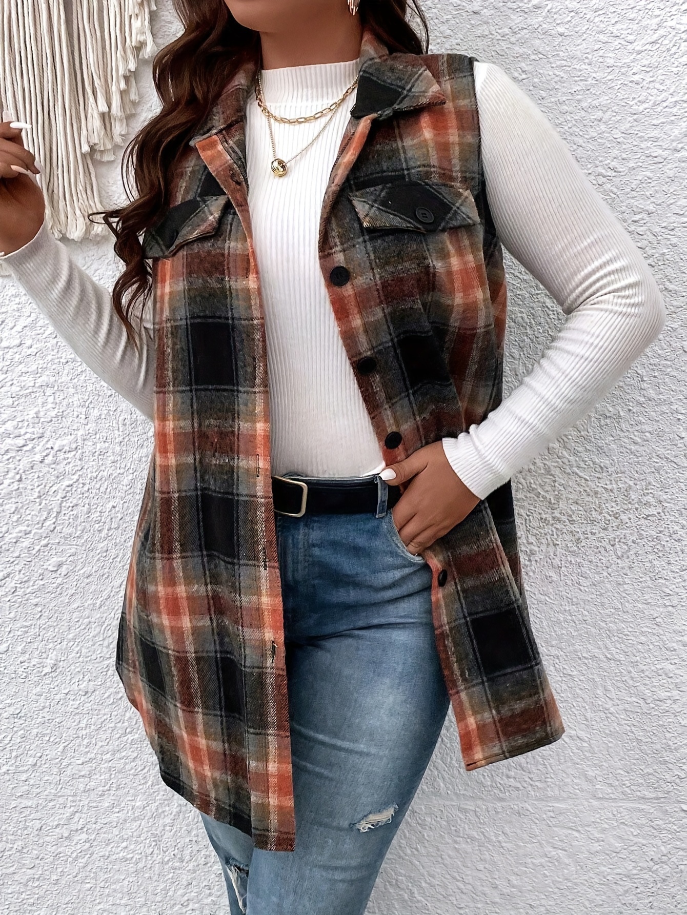 Plus Size Plaid Pattern Button Front Vest, Casual Sleeveless Flap Detail Gilet Jacket For Fall & Spring, Women's Plus Size Clothing