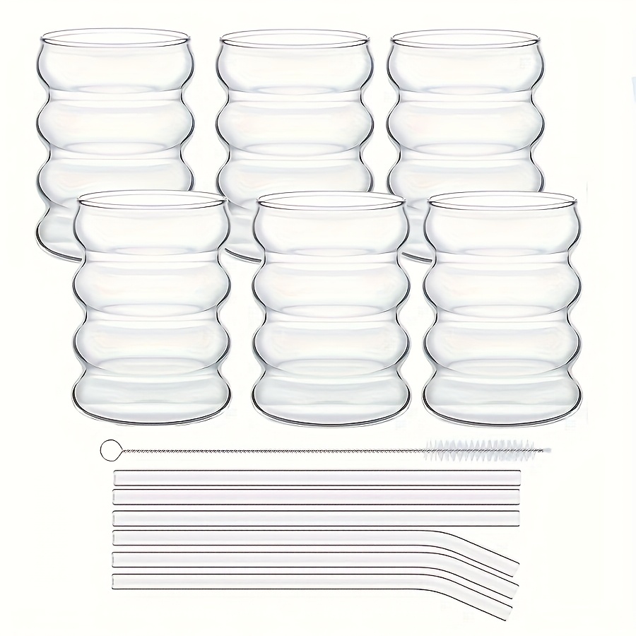 TEMU 2/4/6 Glass Milkshake Cups With Straws, Wavy Drinking Cups, Cute Spiral For Caterpillar Cup Round Glass, High Borosilicate Glass Used Cold Or