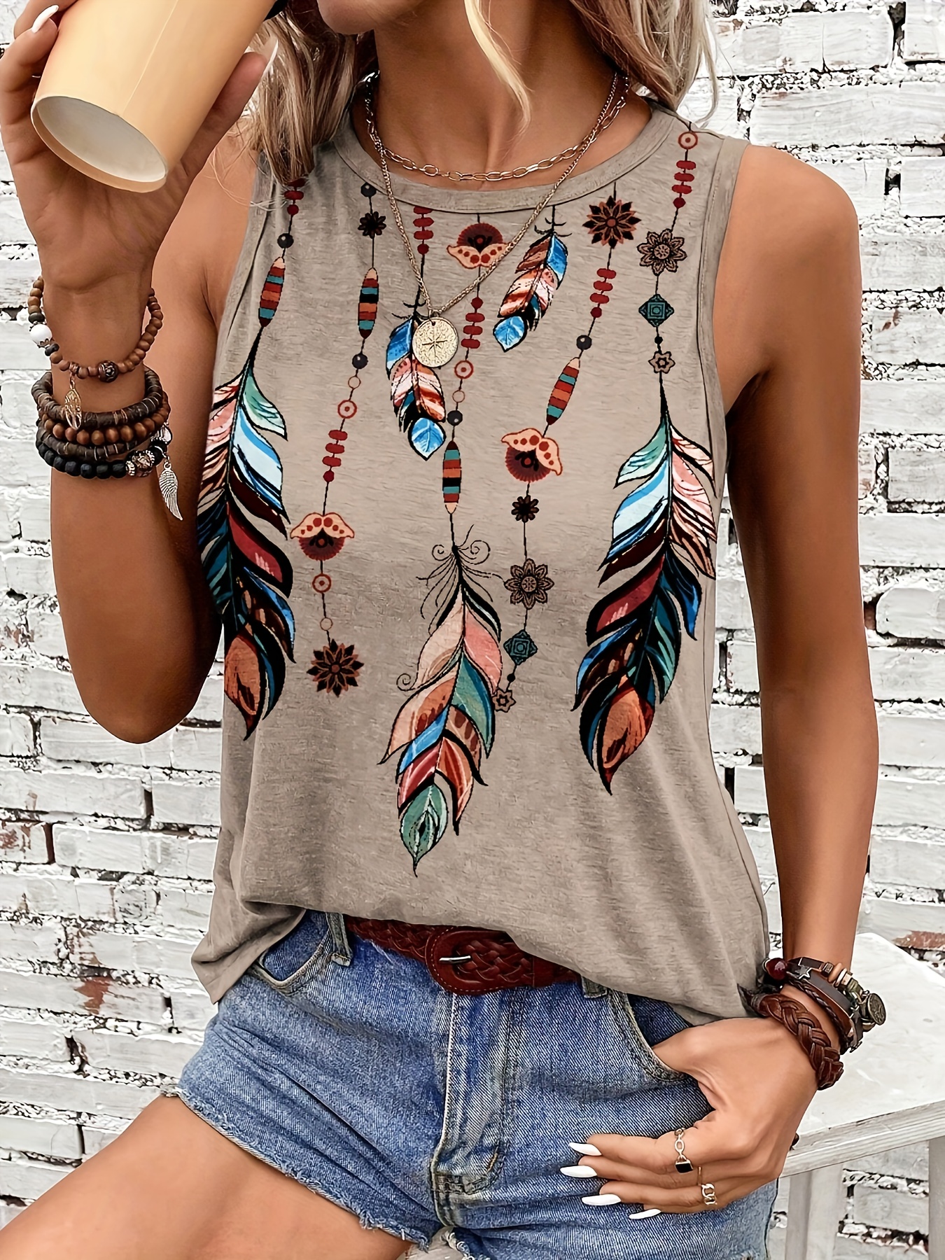 feather print tank top