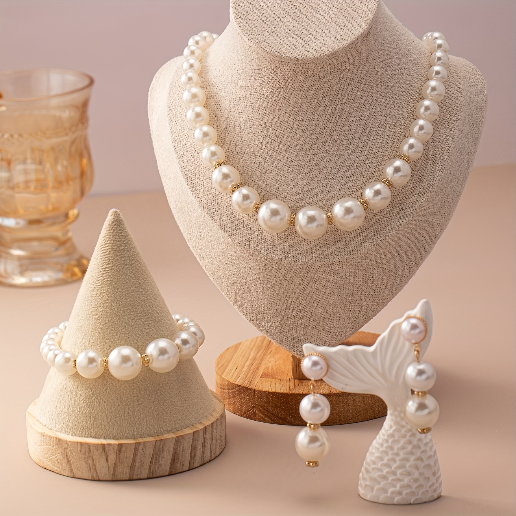 E-shop Ein Set Retro Elegante Luxus Kunstperlen Halskette, Armband, Ohrring Set für Damen Urlaub Geburtstag Dating Abschlussball Hochzeit Party Urlaub
