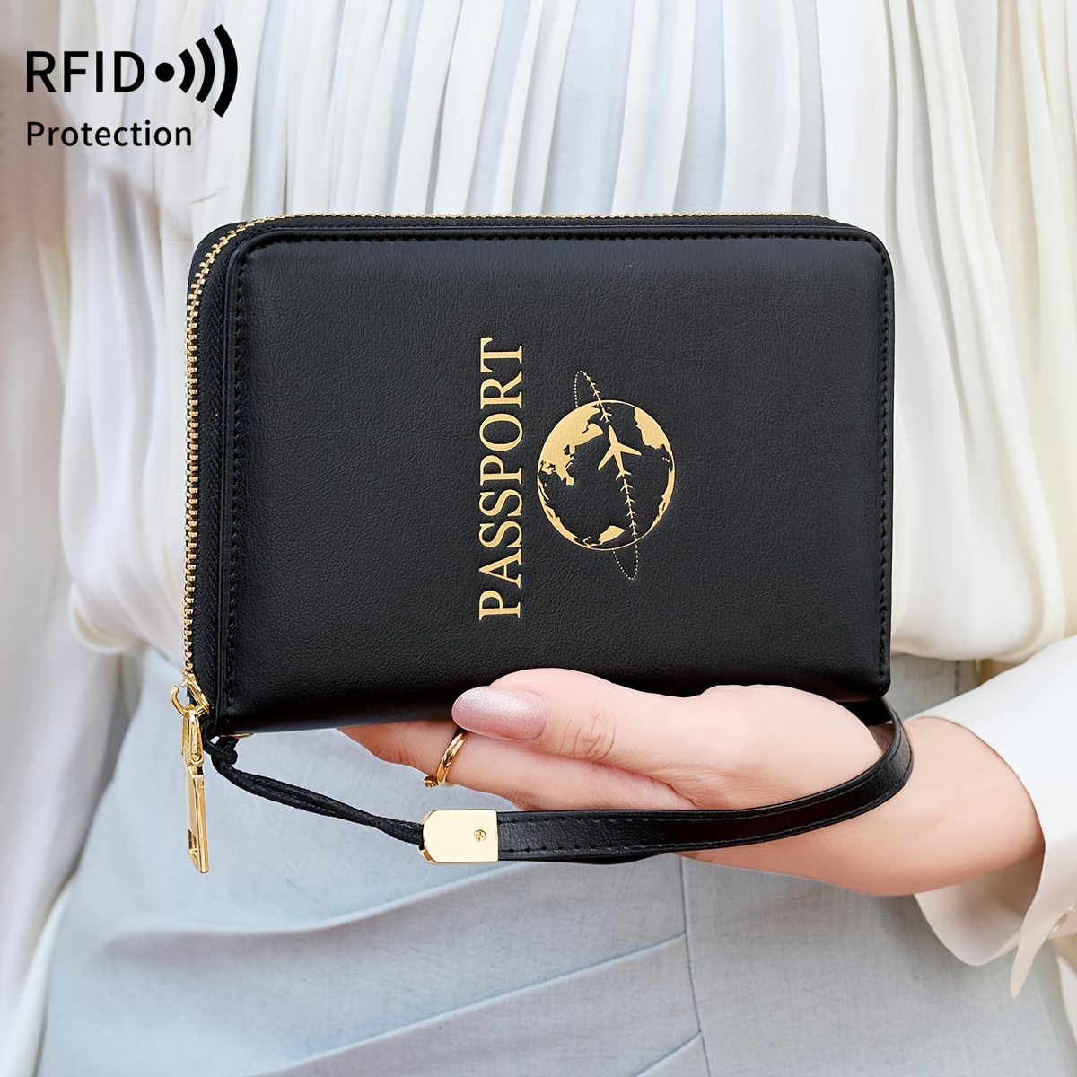 Image of Miyin Rfid Shielded Passport Holder , With Card Slot Id Window, Multifunctional Large Capacity Travel Wallet, With Wristband