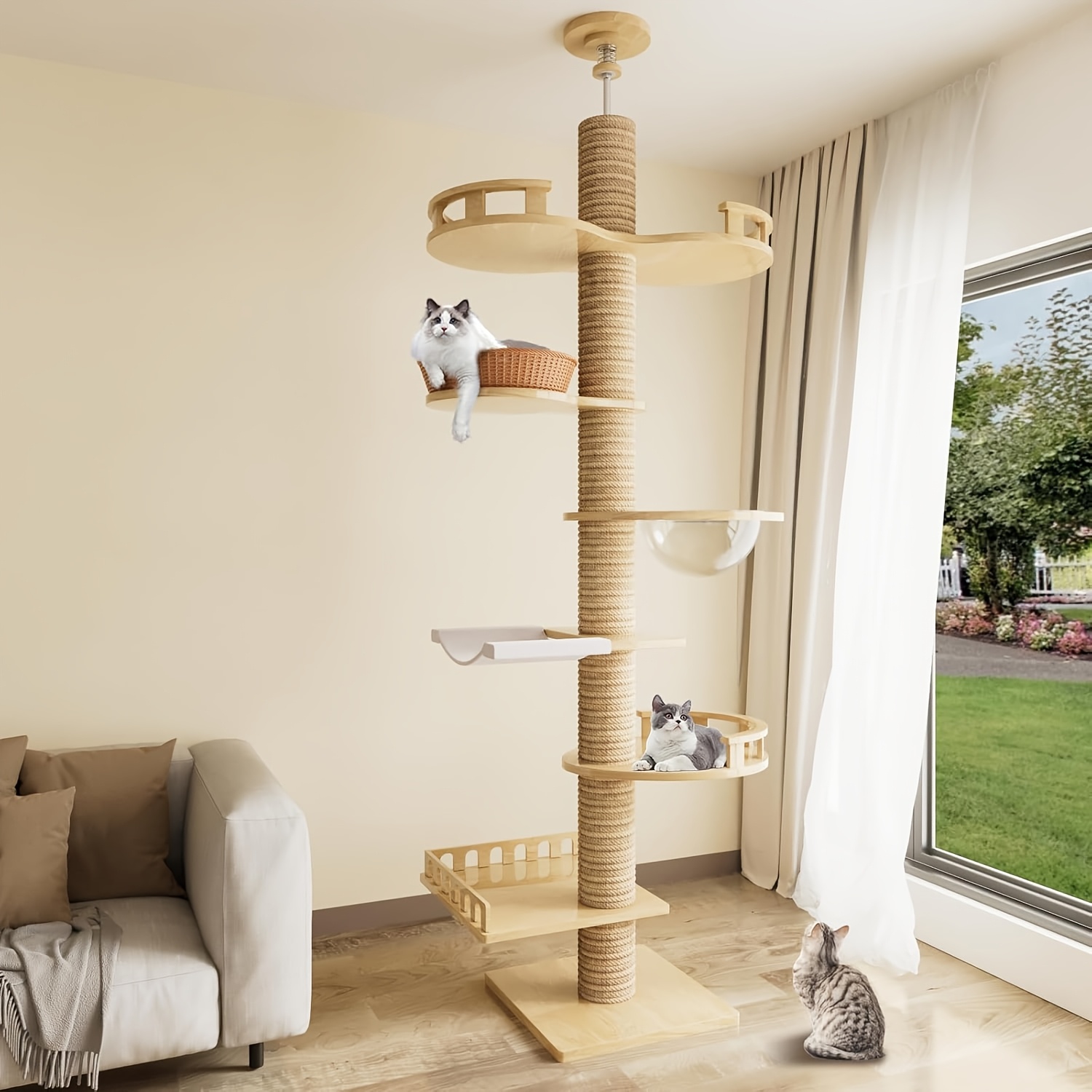 Image of 98"-102" Floor To Ceiling Cat Tree, Height Adjustable 7-tier Ceiling To Floor Cat Tower, Wooden With 6 Sisal Scratching Posts For Indoor Cats