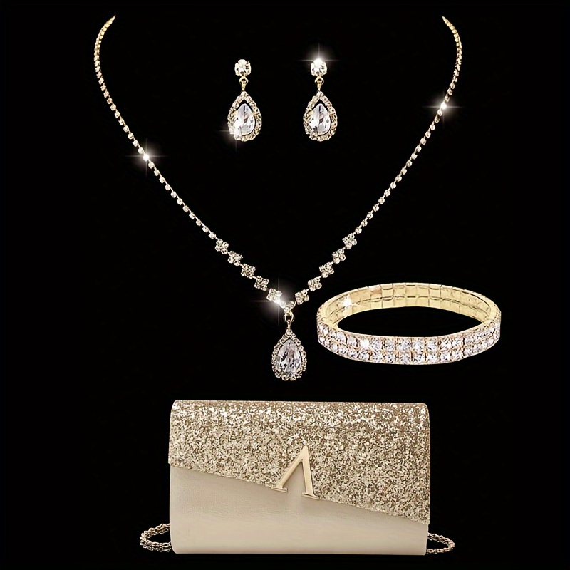 

1pc, Glamorous Evening Clutch Bag With Jewelry Set, Includes Earrings, Necklace, Ring, Fabric Material, Perfect For Dinner Parties & Weddings