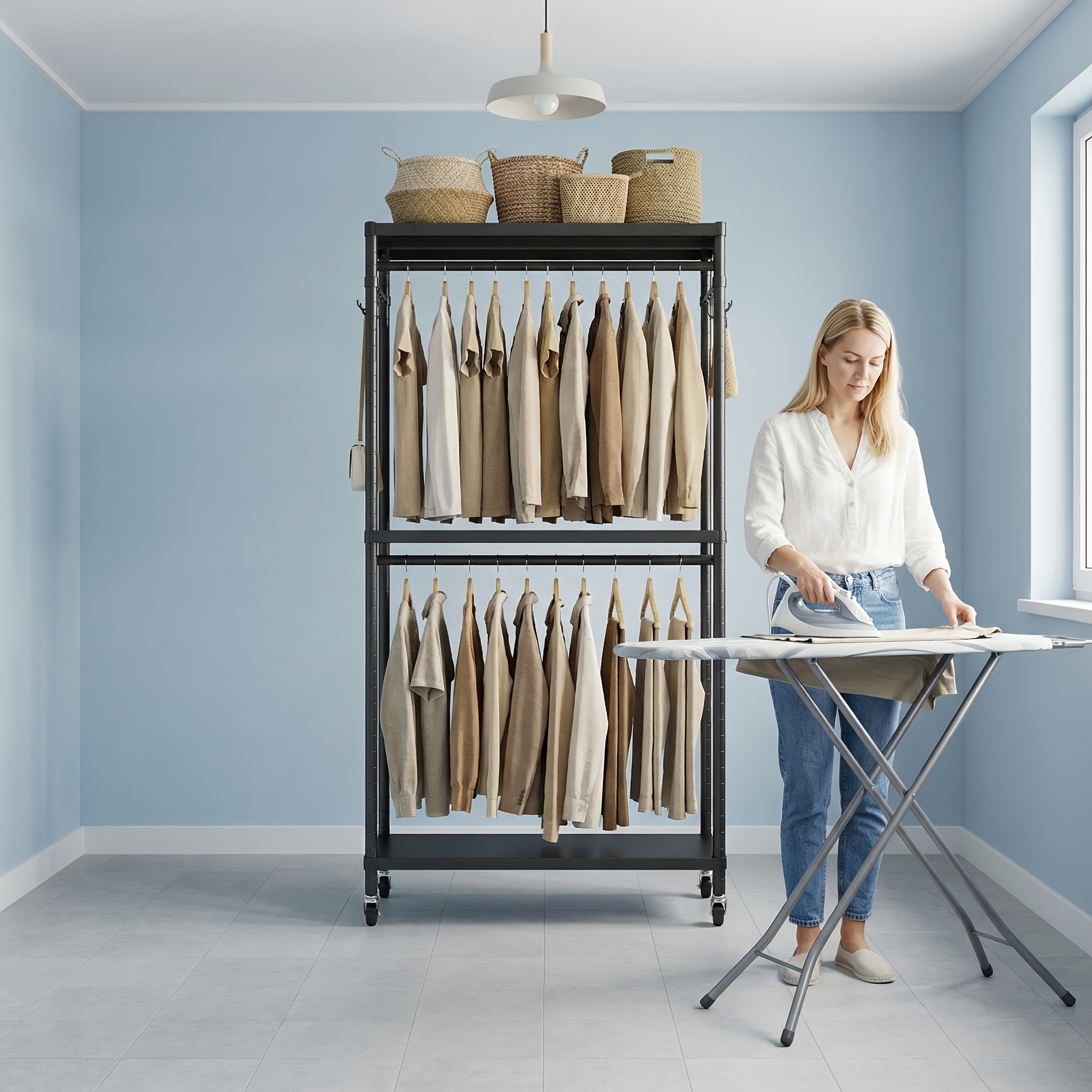 Heavy-duty Rolling Garment Rack, Mobile Metal Clothing Organizer Suitable For Closets, Bedrooms, And Laundry Rooms