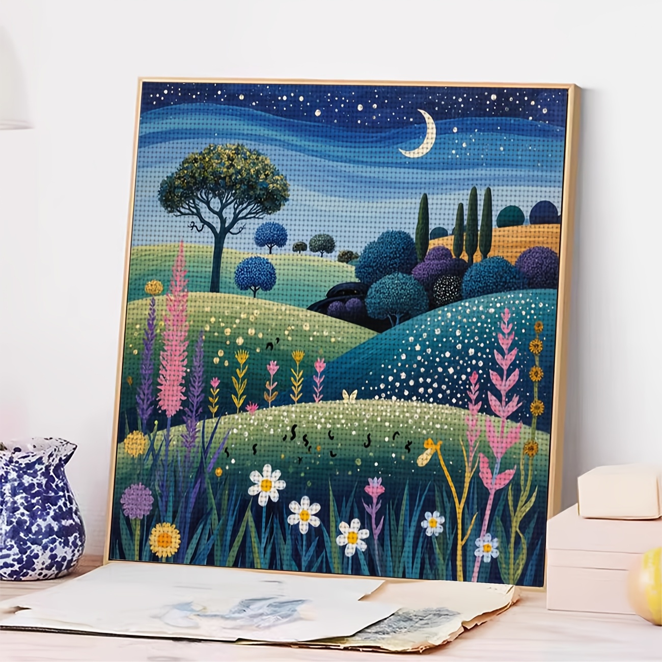 Cross Stitch Printed Kit, Frameless, Starry Night Flower Field Pattern