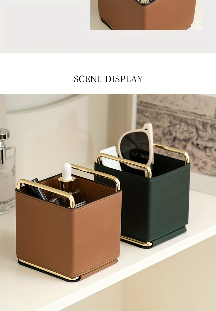 1pc of lightweight   leather storage tube makeup brush organizer vanity eyebrow and eyeshadow brush holder metal frame leather pen case desktop remote   storage box stylish square storage box multifunctional shelf living room countertop organizer fashionable high quality item Product details 3