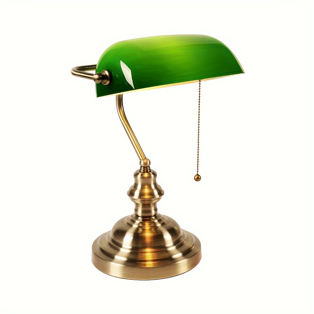 Image of 's Desk Lamp With Pull Chain Switch, Green Glass Shade, Bronze Base, Vintage Library Lamp For Home Office, Study Room, Piano (bulb Not Included)