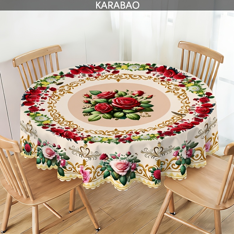 TEMU 1pc European-style Rose Floral Round Tablecloth, Featuring An Elegant Design, Perfectly Your Dining Table And Home Environment. Ideal For Table