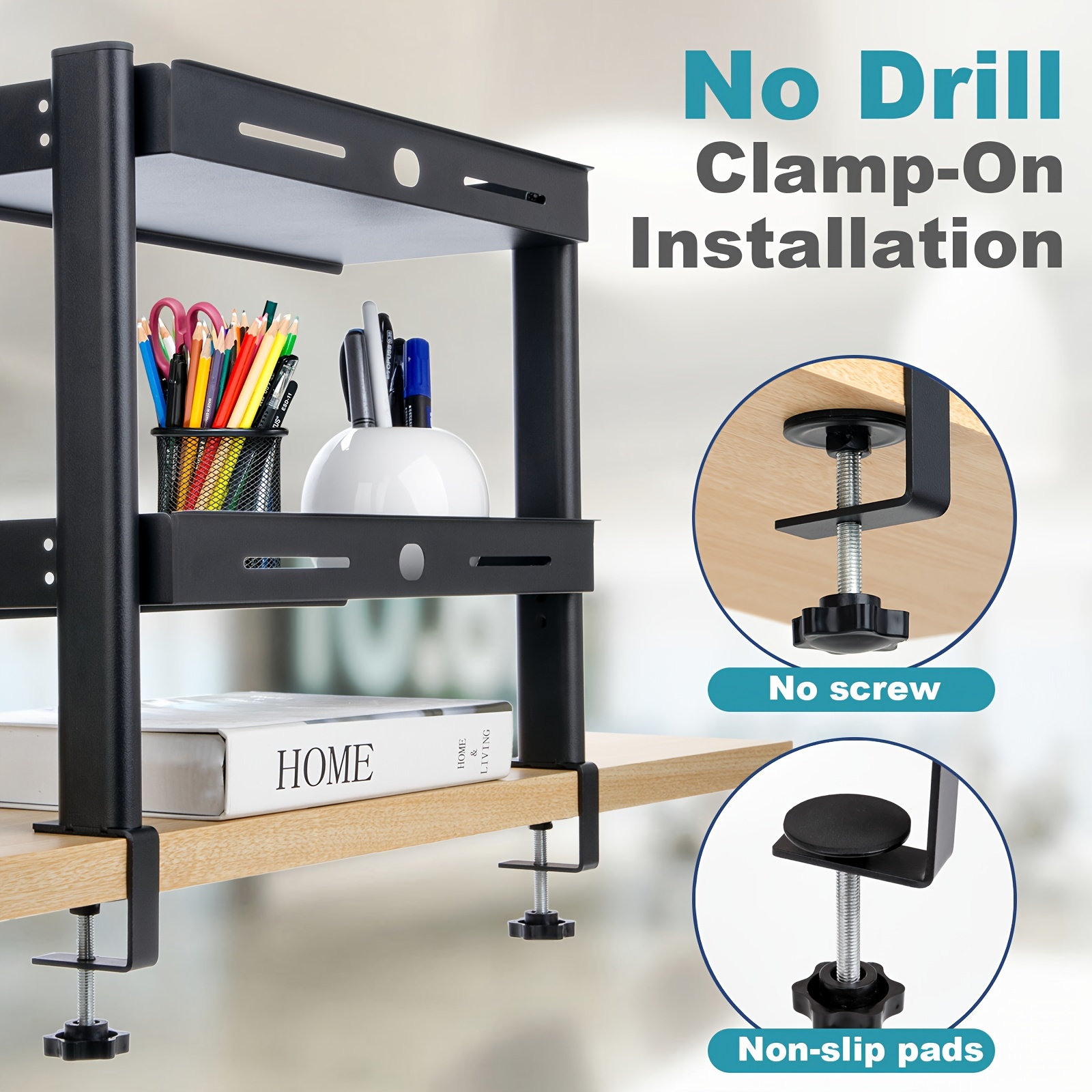 Under Desk Organizer With Adjustable Clamp – No Drill Rustproof Storage Basket For Office & Home, Black Large Size