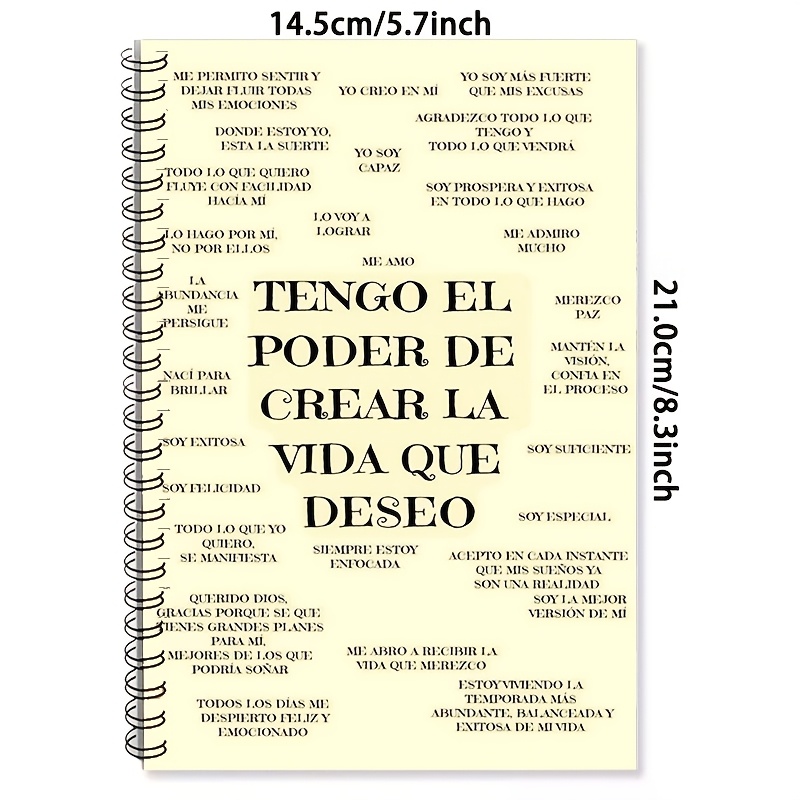 TEMU 1 pieza Cuaderno de A5 2D de afirmaciones inspiradoras en español, negra, tamaño 21×14.5 cm, encuadernación en de 24 agujeros, 50 hojas (100