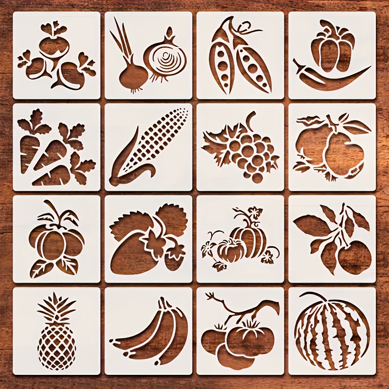 E-shop 16 wiederverwendbare Gemüse- und Obst-Schablonen aus Kunststoff - 10 cm große Schneidschablonen, geeignet zum Malen, für Scrapbooking,