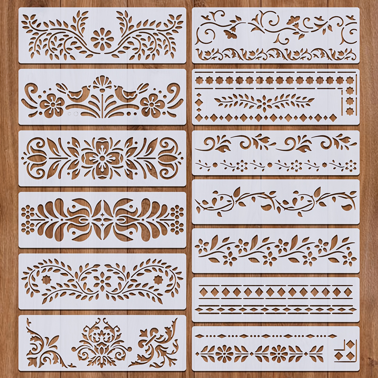 

13pcs Floral Lace Craft Stencils Set - Reusable Corner Templates For Wood, Walls, Fabric & Paper Painting