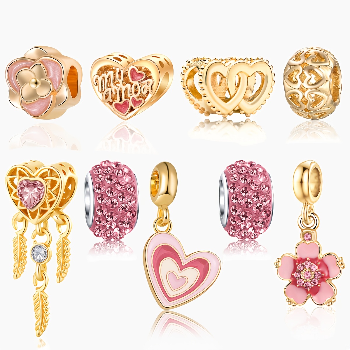 TEMU 9pcs Valentine's Day Series Fashion Craft, Flower Pendant Round Bead Pendant, Handmade Bracelet Necklace Additions