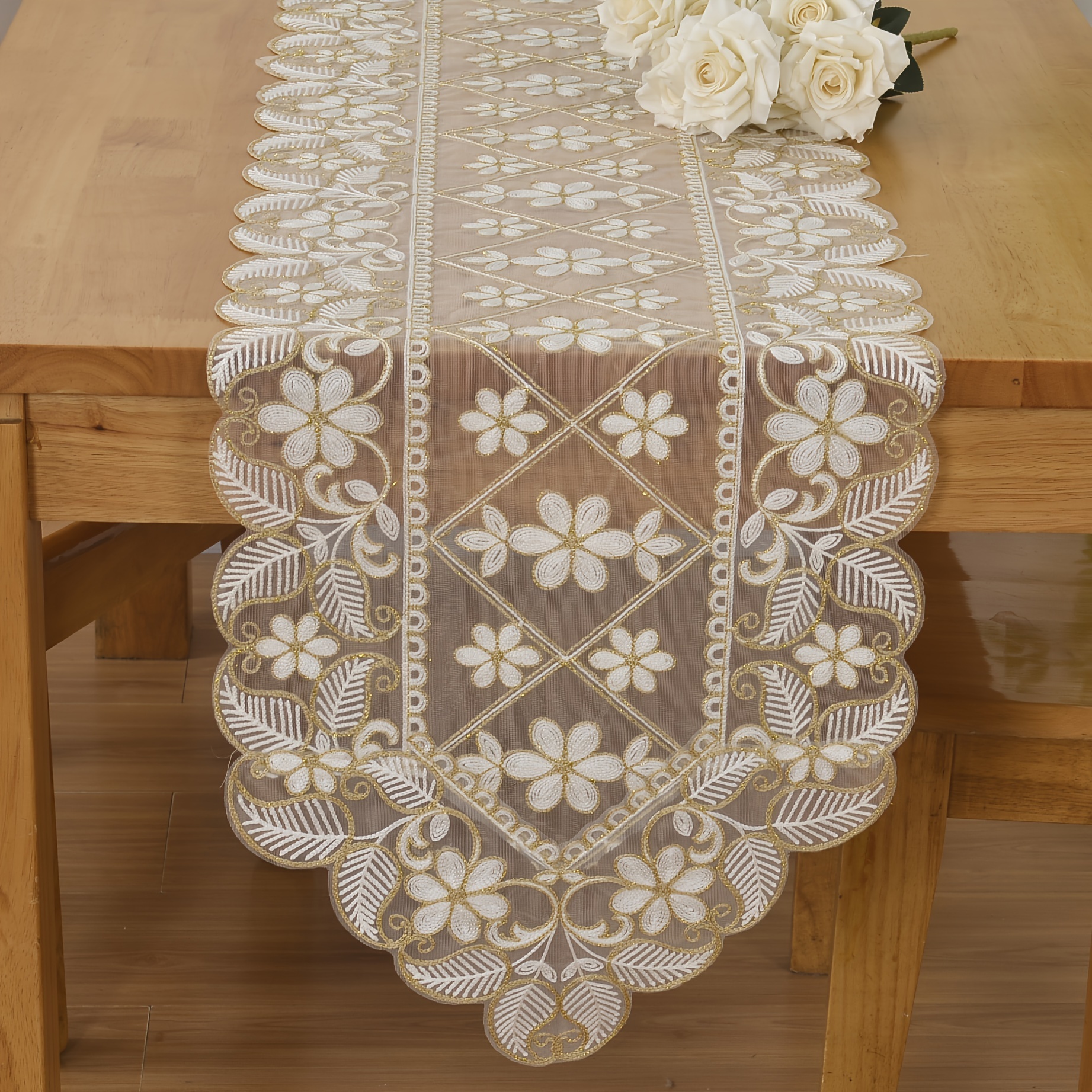 

Elegant Embroidered Organza Table Runner - Design, 100% Polyester Rectangle Tablecloth For Home Decor & Holidays, Table Cloth,