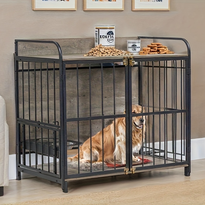 Go 39'' Indoor Metal Dog Crate With Double Doors, Wooden Side End Table ...