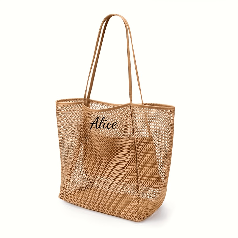 TEMU 1pc Women' Custom Embroidered Mesh Beach Tote Bag - Hollow Foldable Large Capacity Swim Bag With Inner Pocket, Lightweight Nylon Suitable For