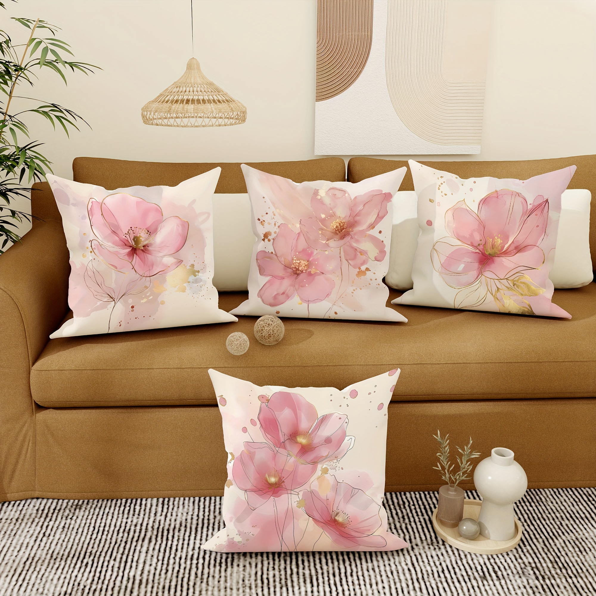 

4-piece Set Velvet Throw Pillow Covers - Floral Watercolor Design In Pink & Golden, Modern Minimalist Style, Zippered 18x18 Inch Cases For Living Room & Bedroom Decor - Machine Washable, Polyester