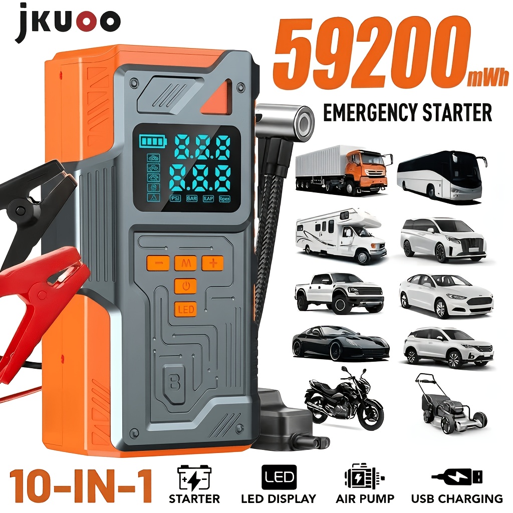 TEMU 10-in-1 Heavy-duty Vehicle Emergency Starter Kit: The Vehicle With A Portable , A Portable Multi-functional Air Compressor, 180psi, 16000r/m, 4x