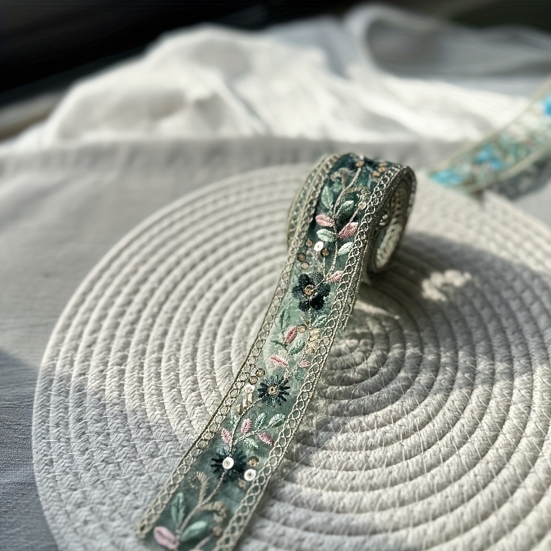 130cm/1. Floral Embroidered Sequin Lace Trim - Ethnic Style Diy Fabric Ribbon, Suitable For Clothing Accessories And Crafts, Lace Fabric