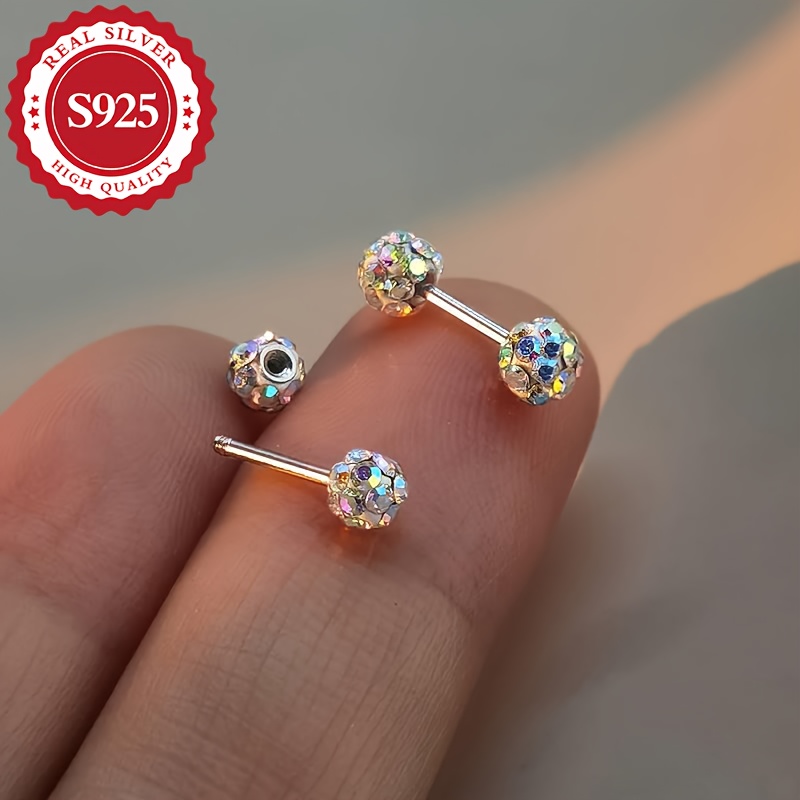 Set, Argint S925, Cercei Sferici Iridescenti Stralucitori, Hipoalergenici, 3Mm (1.4G) 4Mm (1.52G) 5Mm (1.81G)