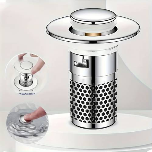 item picture heavy duty bathroom sink plug anti odor anti rust drainer with hair filtration fast drainage for bathtub shower enclosure 304 stainless steel drain filter kitchen sink plug minimalist cylindrical design