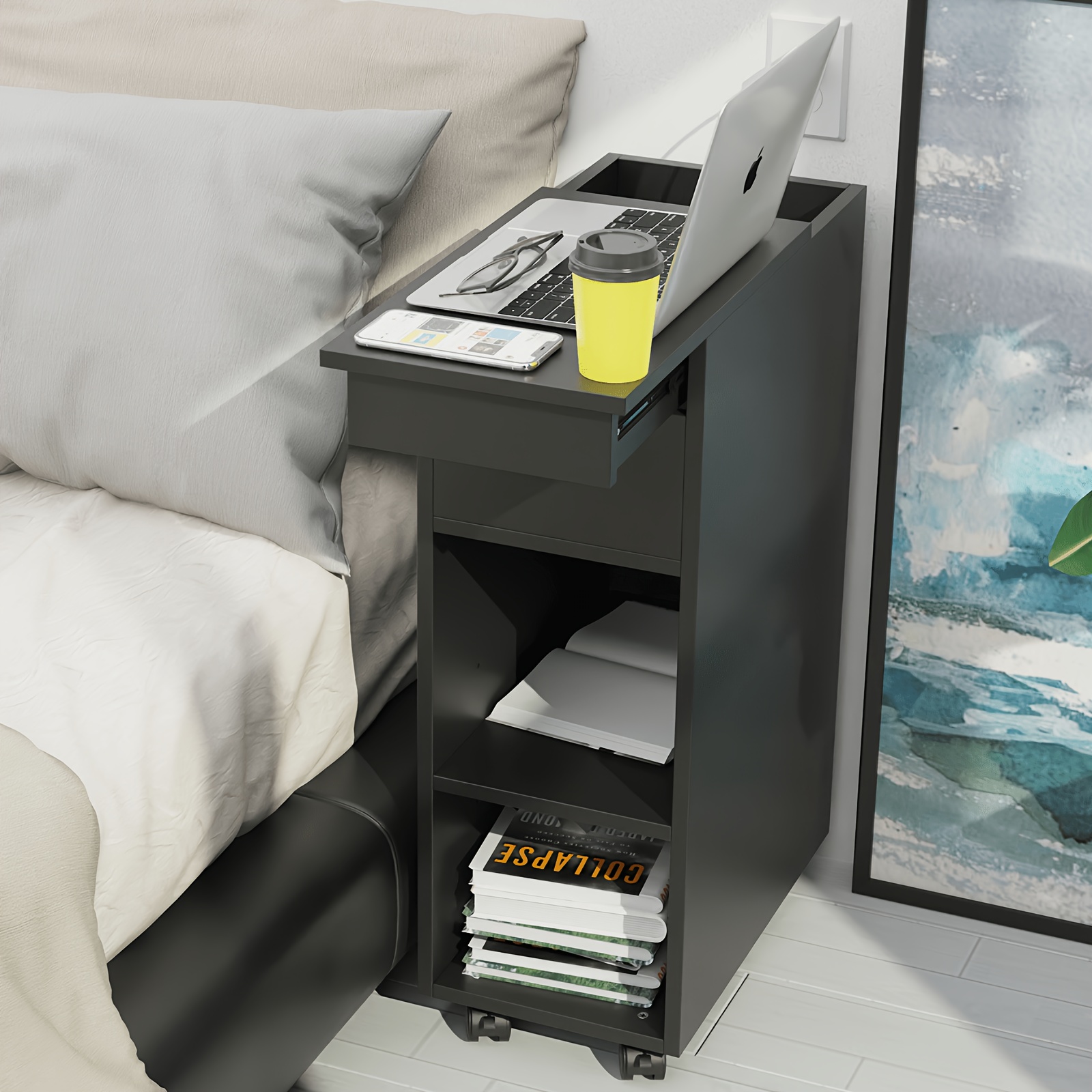 Image of Tall And Narrow Bedside Table, 45x25x70cm, Chest Of Drawers With 3 Drawers, 2 Open Compartments And 1 Drawer, Bedroom Bedside Tables With 4 Wheels, Space- Bedside Table, Storage Drawer Units
