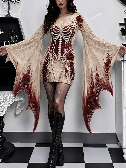 womens halloween dress with v neck fitted silhouette short length and batwing sleeves with digital prints and scroll patterns ideal for costume parties themed events and stage performances