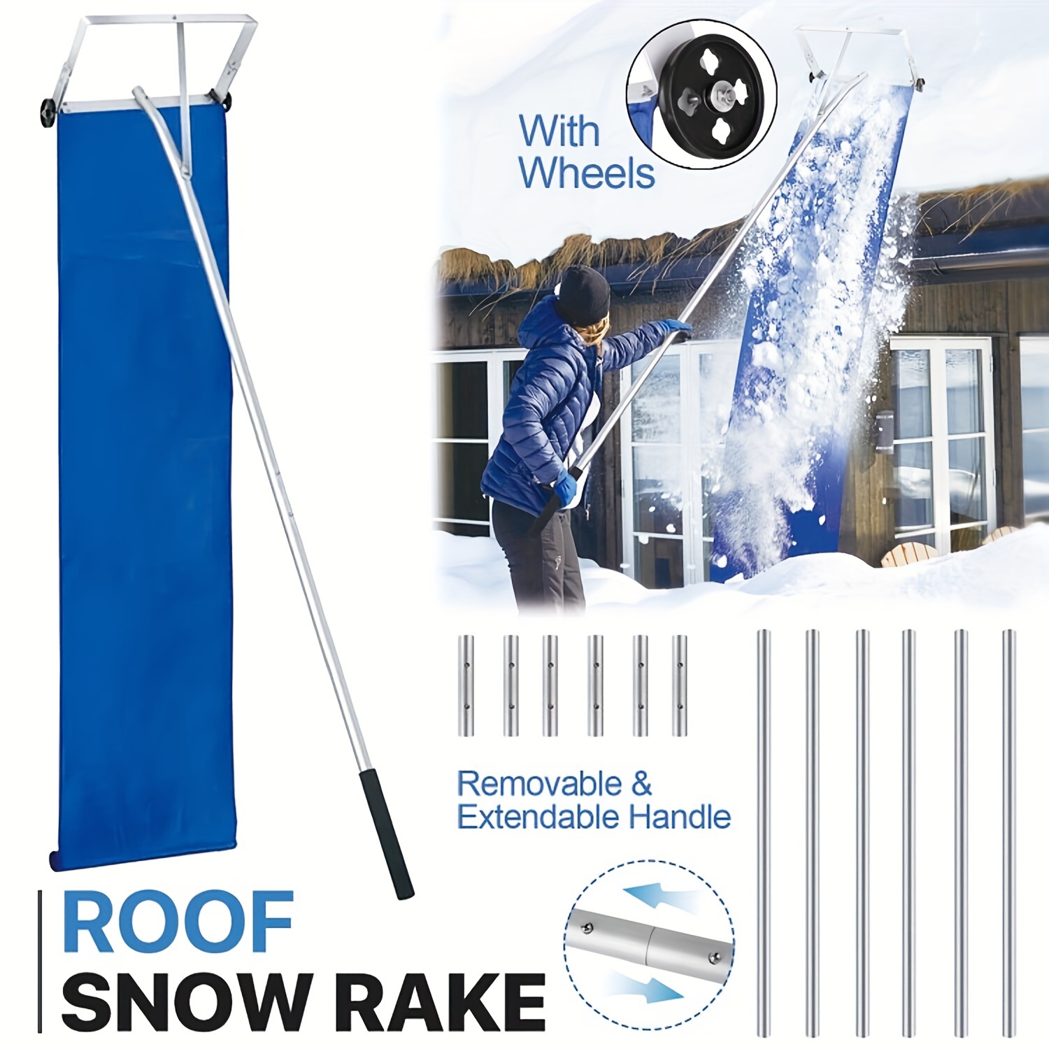 

1pc 30ft Extendable Metal Snow Roof Rake With Pads, 17" Wide Blade, 15ft , Safe & , Leaves & Removal Tool For House Roof