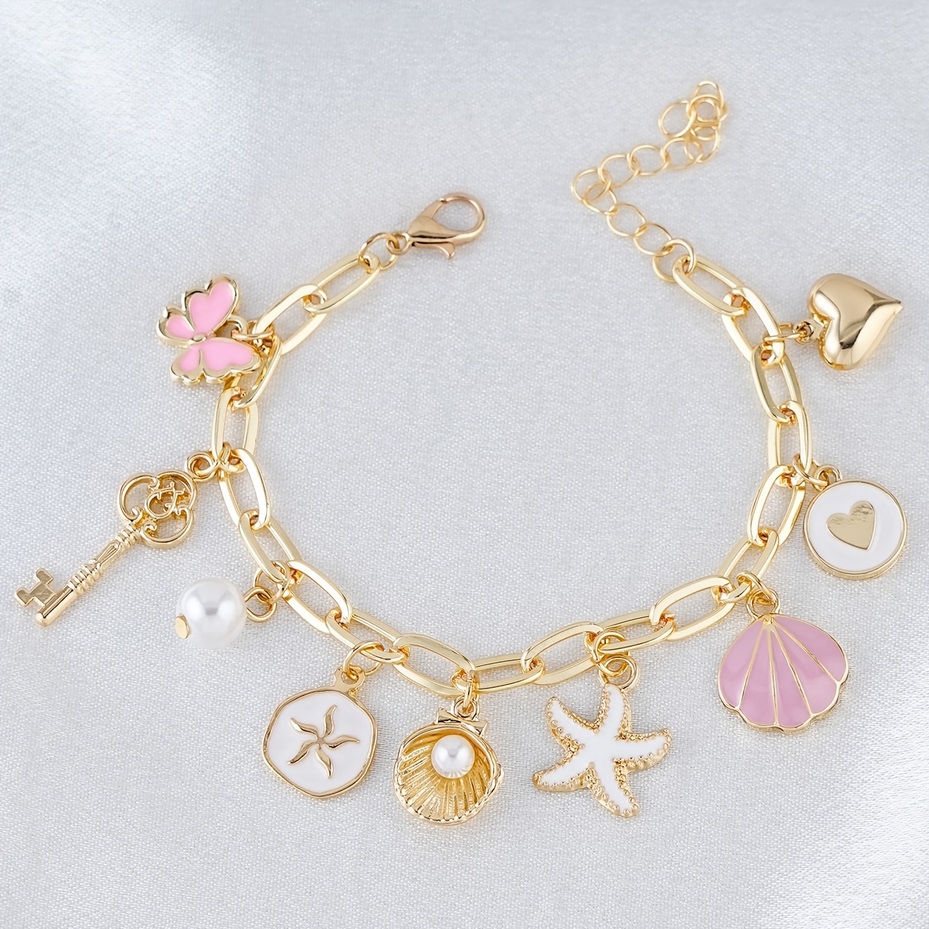 TEMU 1pc Fashion Golden Bracelet, Exquisite Metal Shell, Starfish, , Key, Heart-shaped Element Multi-pendant Golden Bracelet, Suitable For Women's