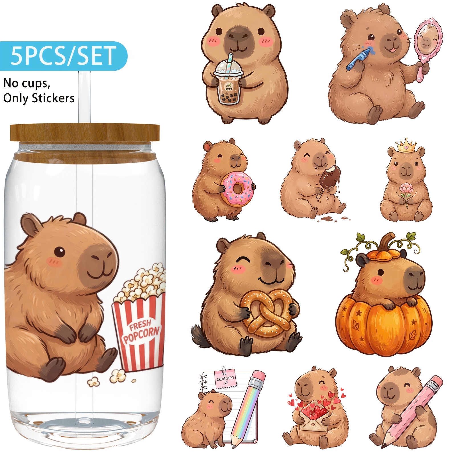 TEMU Lot de 5 DTF UV quotidiens Kawaii Capybara, imperméables et résistants aux rayures pour gobelets et bouteilles, parfaits pour tasses et