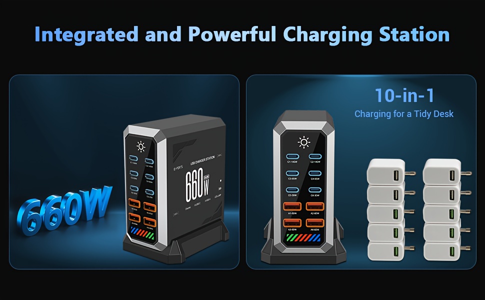 660w fast usb c gan iii pro charger block, 10 port charging station, dual 140w pd3.1 pps fast charging station, suitable for multi device laptop wall  , suitable for macbook/for iphone 16/for ipad, etc, multidevice charging, home office charger, modern charger block, sleek power station,    , gan technology, power adapter, fast  , techsavvy  ,   gadget lovers - fast charging   for mobile a cable sets desktop use etc Product details 1
