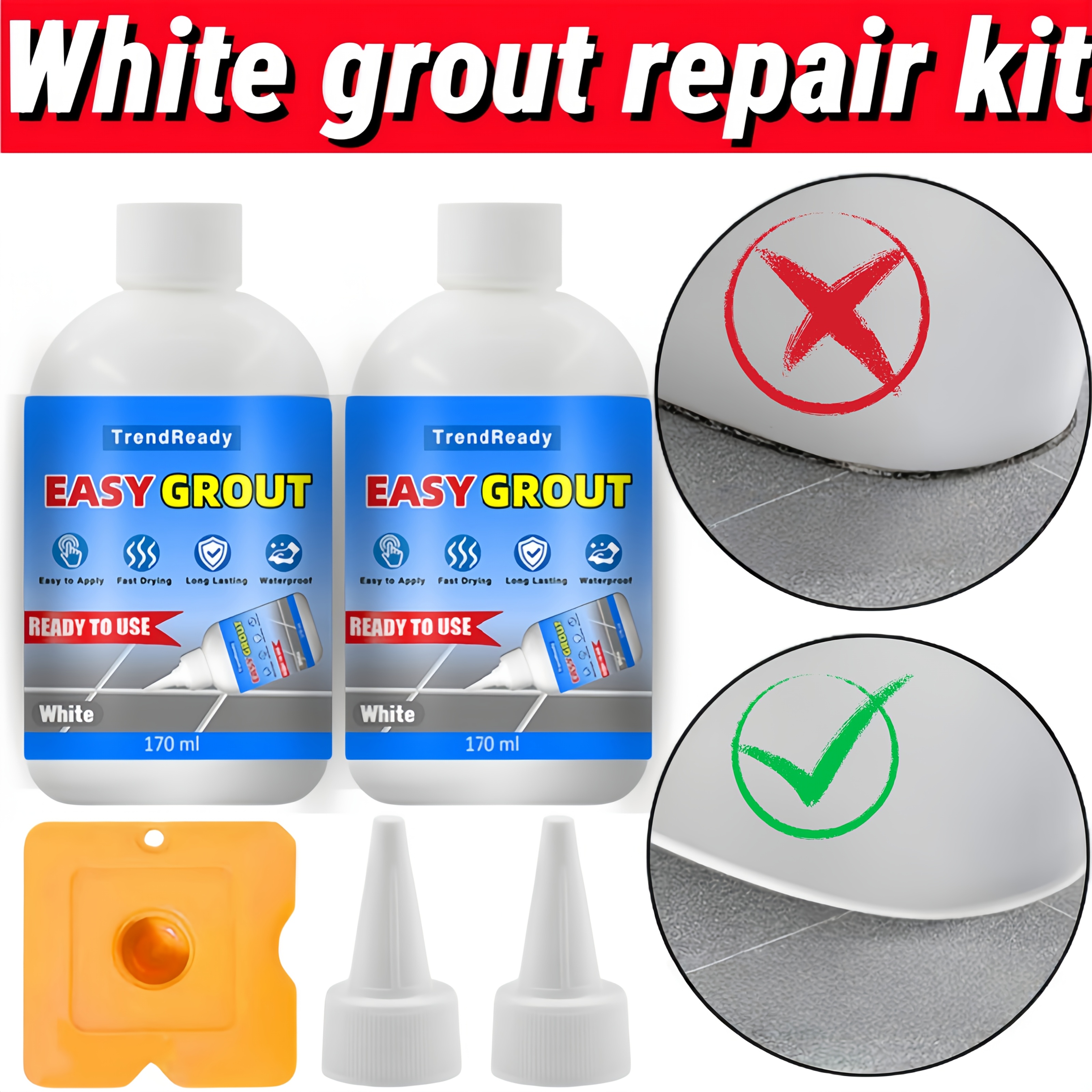 TEMU 2pcs 320g/11.29oz White Grout Repair Kit | Pre-mixed Large Capacity 0 Yellowing & Crack-resistant Grout Sealer With Spatula For Renewing Joints,