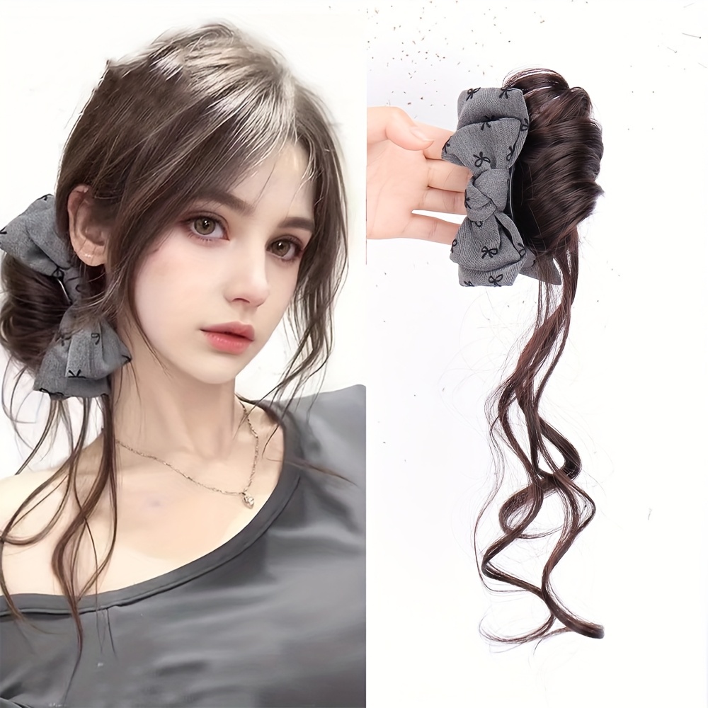 TEMU Halloween Synthetic 14-inch Wig With Claw Clip, Bow, Dragon Whisker Bun, Lazy Style, Korean Fluffy Bun For Women