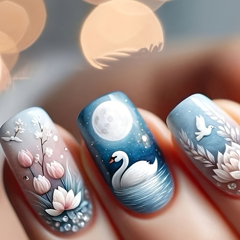 

de 24 Ongles Carrés Moyens - Élégant Cygne & , , / - et Filles