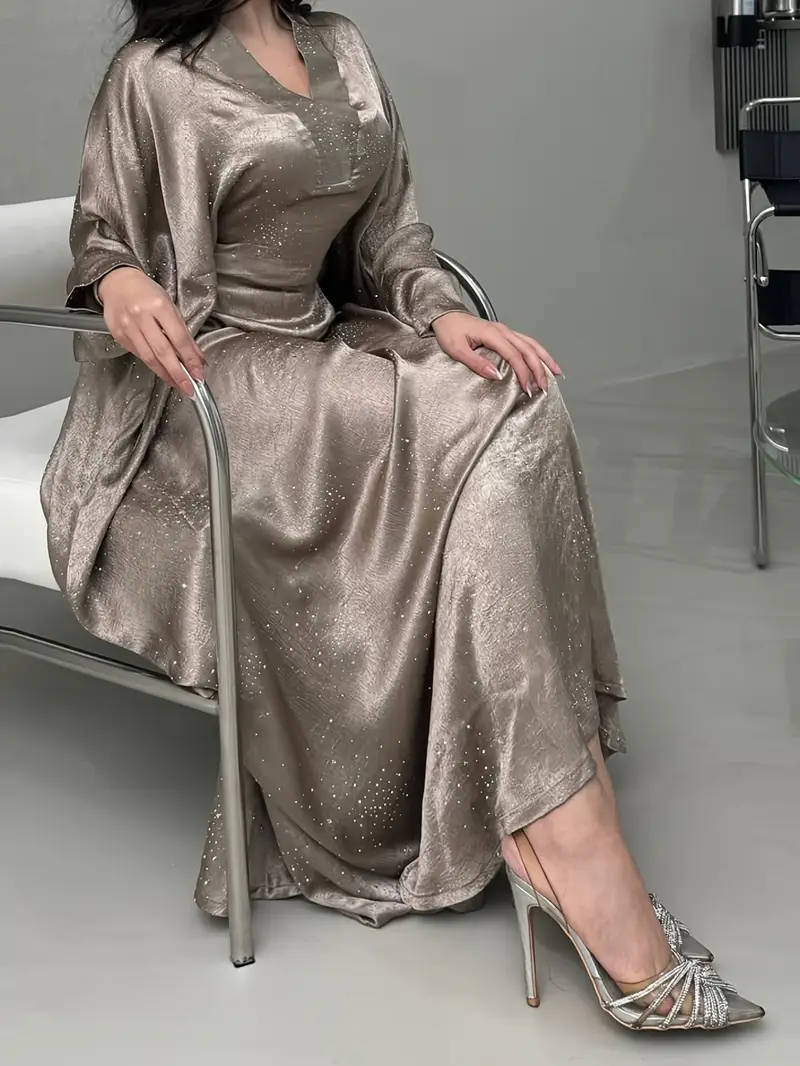 elegant long sleeve abaya dress with sparkling shoulder sequins modest muslim womens burgundy traditional robe floor length non stretch fabric for spring summer hand clean muslim dress Product details 7