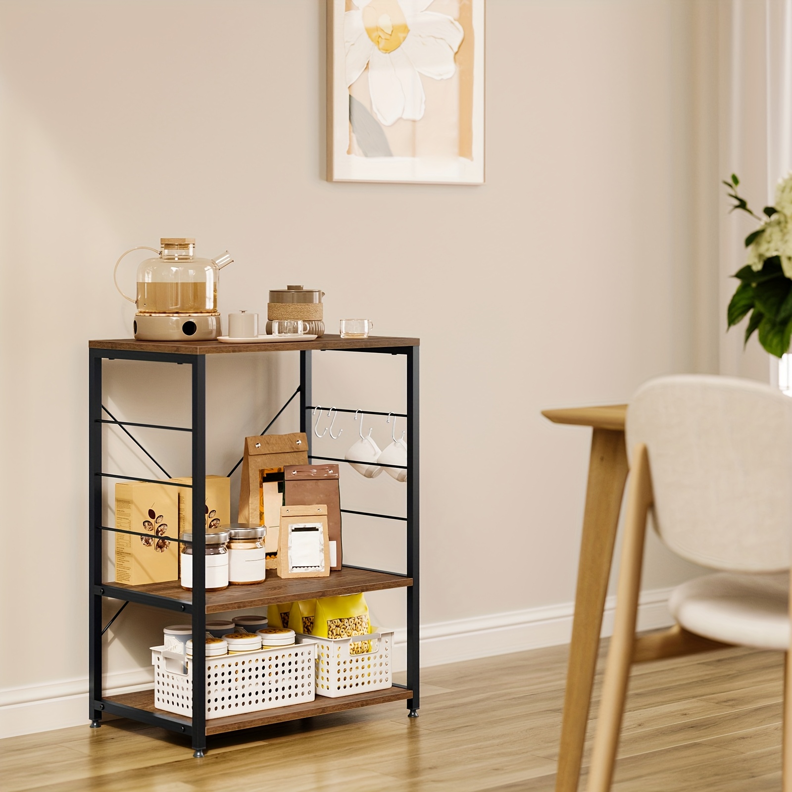 Étagère de cuisine 1 pièce, Étagère de rangement de cuisine, Étagère sur pied, Espace de rangement, Support pour micro-ondes, Étagère de boulanger, Étagère domestique, Chêne clair et blanc/Style rétro