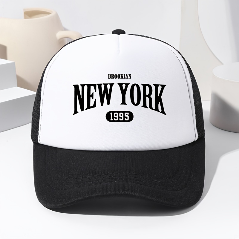 TEMU New York 1995 Print Mesh Snapback Baseball   Unisex Polyester Breathable Sun Protection Truckers Hat For Outdoor Sports Fishing