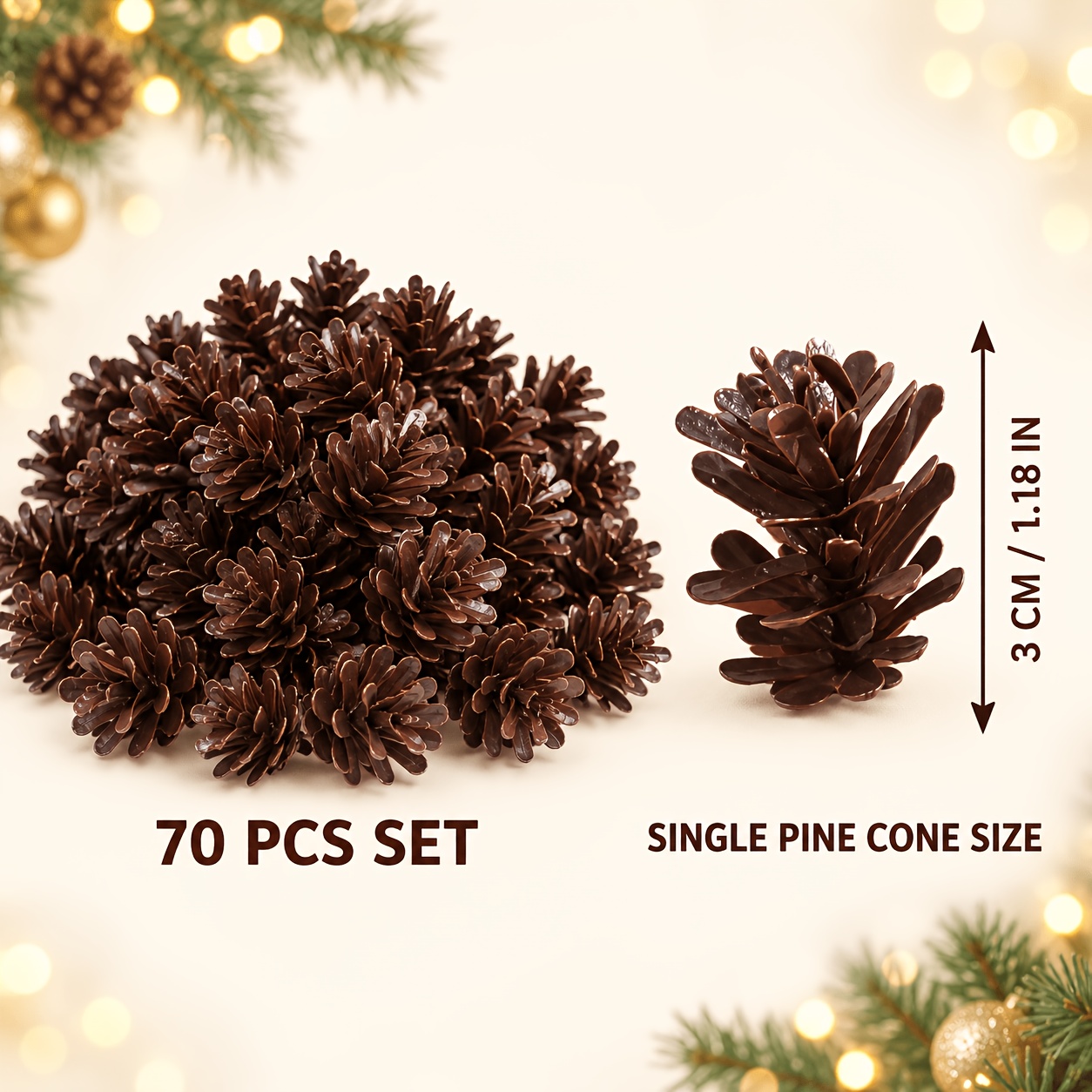 TEMU Set da 70 pz di mini realistiche da 3 cm, assortimento deluxe, ornamenti a forma di pigna con del legno realistiche marroni e dorate, adatti per