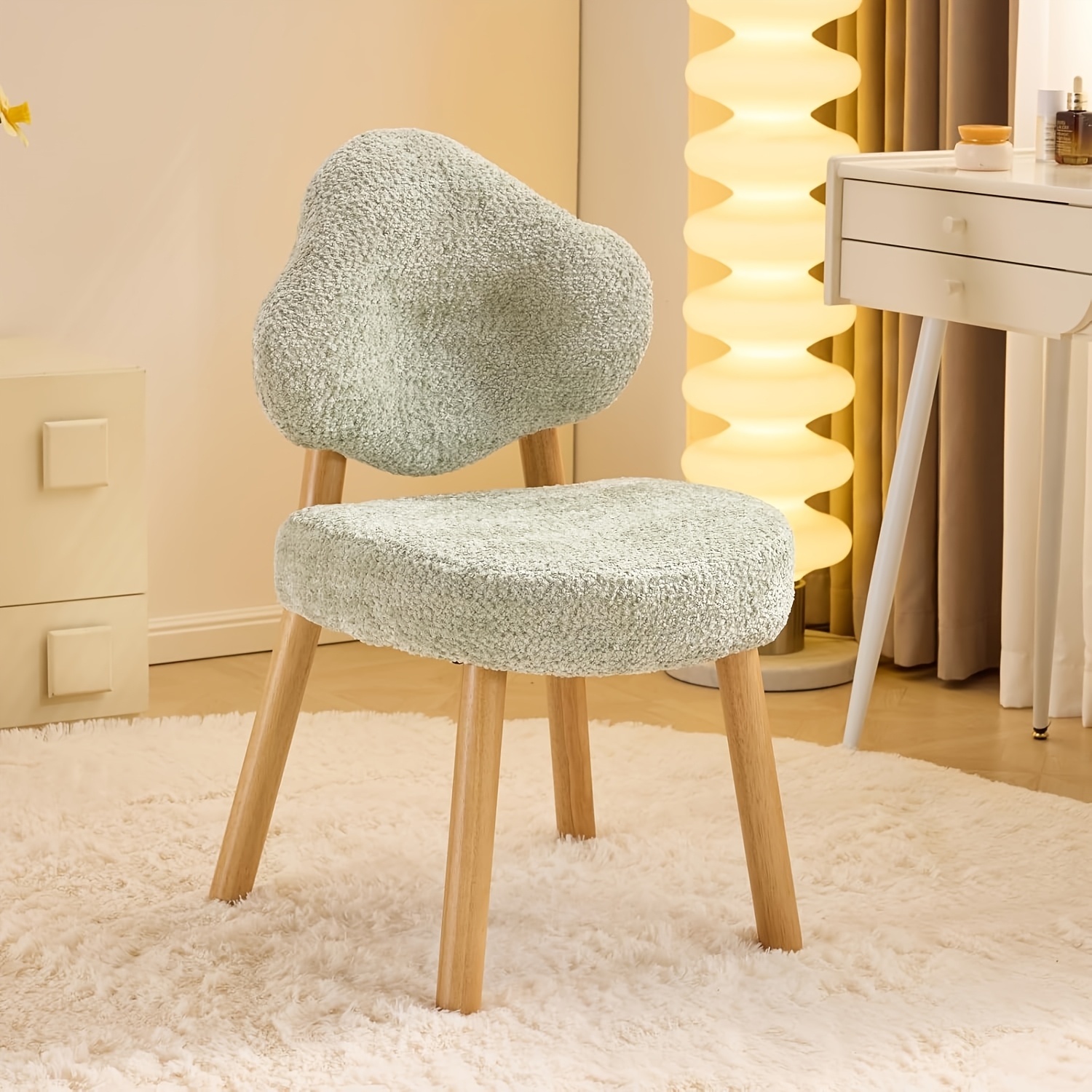 Bonnlo Cute Armless Vanity Chair | Modern Desk Chair With Wood Legs, Plush Chenille Velvet Cloud-Back Comfy Makeup Accent Chair For Bedroom Living Room Office