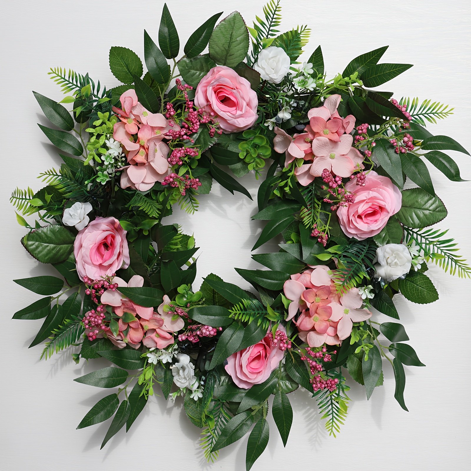 Image of 20 Inch Artificial Rose Hydrangea Wreath, Rustic Farmhouse Decorative Flower Wreath, Spring Summer Faux Floral Wreath For Front Door Window Wedding Outdoor Indoor